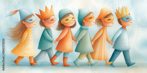 Children in colorful costumes with masks walking together. Group of kids dressed in various outfits including crowns and masks joyfully participating in role play.
