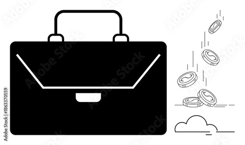 Finance, business, investment, wealth management, economic growth, savings. Black briefcase next to falling coins. Investment and wealth management concept in a minimal style