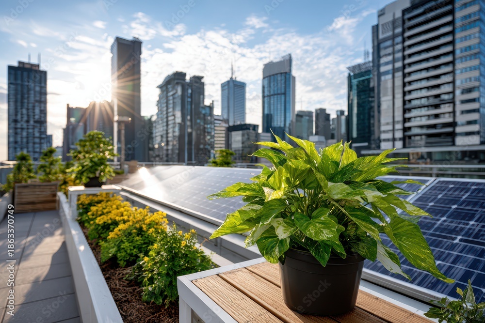 Fototapeta premium Rooftop garden with golden pothos, solar panels and cityscape with a bright sun, showing eco-friendly and sustainable urban living in the heart of the city.