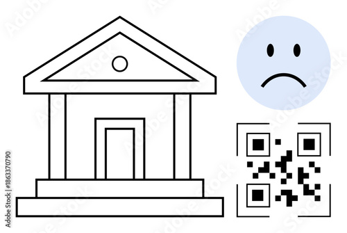 Bank failure concept. Bank building and sad face financial distress. QR code digital transactions and online banking. For financial services, fintech, economy, digital assets, crisis communication