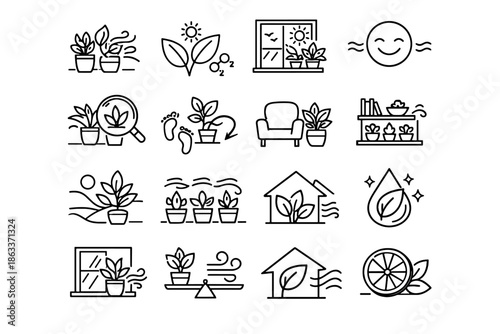 Airflow icons ventilation cue plants home step clarity vector freshness balance indoor
