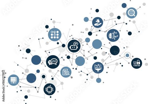 Chatbot / artificial intelligence vector illustration. Concept with icons related to generative AI model, interactive AI bot assistance & conversation, ChatGPT.