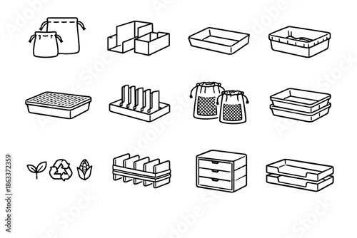 Set eco drawer paper organic vector tray icons friendly lining wooden stack