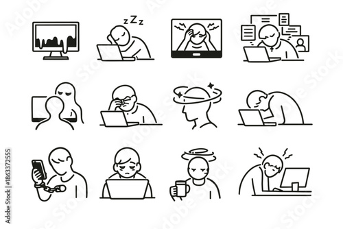 Fatigue vector online icon screen virtual stress meeting burnout remote call exhaustion