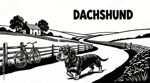 Dachshund walks along a quiet countryside road, black and white style emphasizing small stature, elongated form, and charming personality