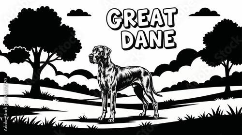 Great Dane stands tall in an open field, black and white photography highlighting scale, elegance, muscular lines, and calm dominance