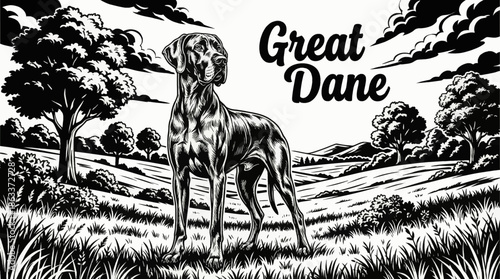 Great Dane stands tall in an open field, black and white photography highlighting scale, elegance, muscular lines, and calm dominance