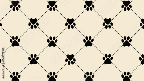 Charming seamless pattern featuring black paw prints connected by dotted lines