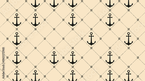 Seamless nautical pattern with anchors and vintage diamond grid for backgrounds