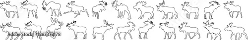 Large collection of moose silhouettes in various poses including walking, running, and grazing. Minimalist line art vector set isolated on white background.