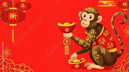 Chinese New Year illustration of a cute monkey holding a gold ingot. Year of the Monkey zodiac character on red background with lanterns. Copy space for text