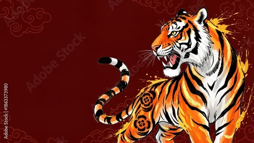 Traditional Chinese style tiger illustration on red background. Lunar New Year of the Tiger zodiac symbol with copy space. Ink wash painting of a roaring wild animal