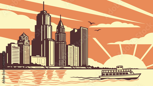 Detroit skyline with a sailboat in sunrise light, perfect for travel brochures, city guides, website banners, and social media posts.