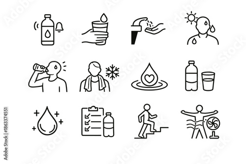 Step vector heatwave cue dehydration icon balance safety cooling fluid prevention urban