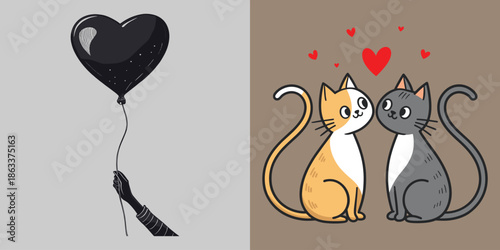 Eternal Affection: A visual juxtaposition presenting a hand-held heart-shaped balloon and two affectionate cats. Representing love, connection, and the celebration of bonds.