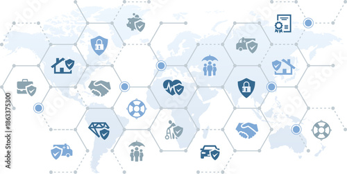 Insurance coverage abroad - vector illustration. Blue concept with icons related to worldwide security & protection, international insurance policy, travel insurance.