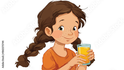 Adorable Young Girl Holding Drink in Glass - Vector Illustration