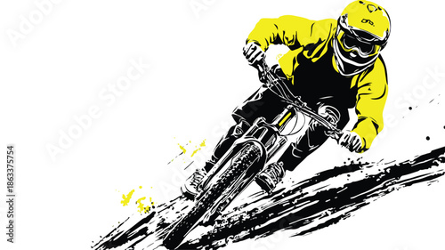 Young Boy Riding Bicycle Downhill on a Vector Road with Outline