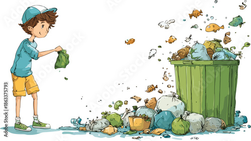 Boy Throwing Garbage in Bin Vector Outline Illustration