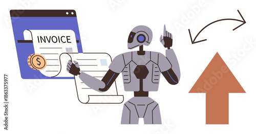 Finance automation, AI solutions, invoice processing, fintech, robotics, digital transformation. Robot with e-invoice and upward arrow icons. Finance automation and AI solutions concept