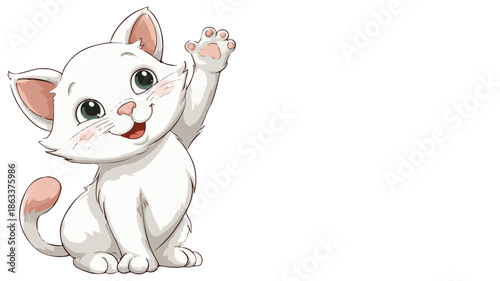 Adorable Cartoon Cute Cat Waving on White Background Vector with Outline