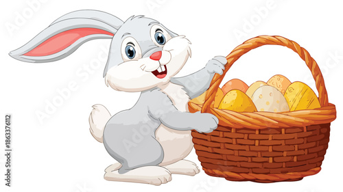 Adorable Cartoon Rabbit with Easter Basket Filled with Eggs Vector Illustration