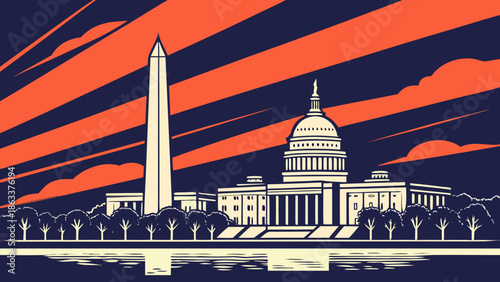 Washington dc skyline with iconic landmarks capitol building and monument amid lush trees. Suitable for travel blogs, city guides, and advertisements.