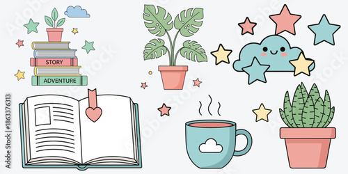 A Cozy Haven: A collection of charming, hand-drawn illustrations depicts the essence of tranquility, featuring a stack of books, a comforting cup, and leafy plants in pastel tones. 
