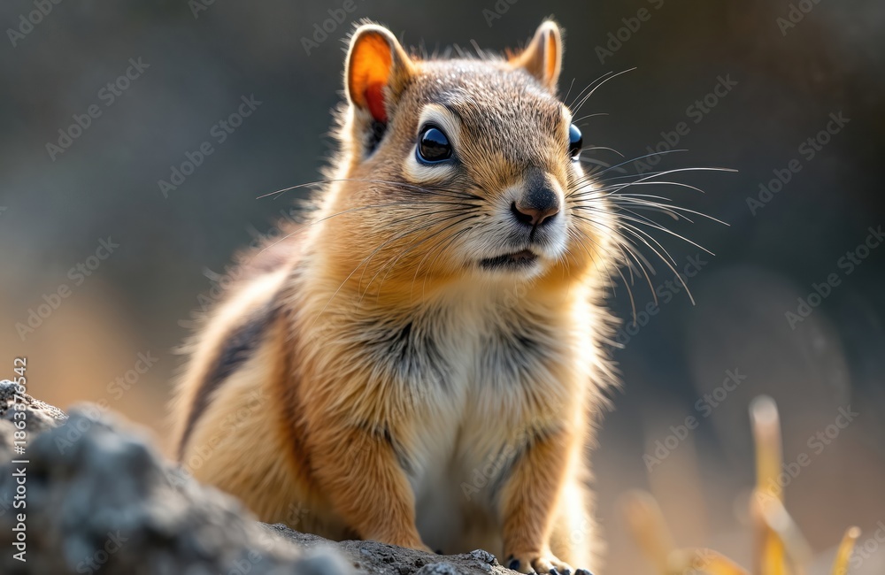 Fototapeta premium Cute arctic ground squirrel sits on rocky ground in soft natural light. Small mammal with striped fur looks alertly into distance. Wildlife portrait captures animal in natural habitat during daytime.