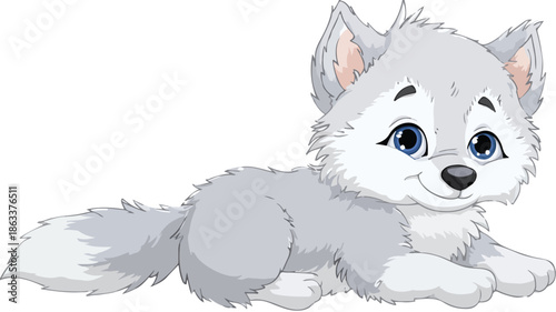 Adorable Cartoon Baby Wolf Vector with Outline on White Background