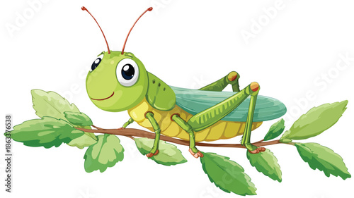 Adorable Cartoon Grasshopper Feasting on Green Leaves Vector Illustration
