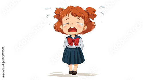 Sad Cute Schoolgirl Crying Cartoon Vector with Outline Isolated