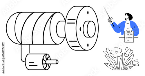 Large mechanical component with coil and motor, person holding a pointer and document, and floral elements. Ideal for engineering, innovation, nature integration, eco-design, green technology