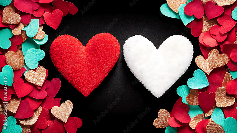 Obraz premium Plush red and white hearts symbolizing love and partnership, surrounded by smaller paper hearts in red, turquoise, and gold, creating a romantic frame on a black background
