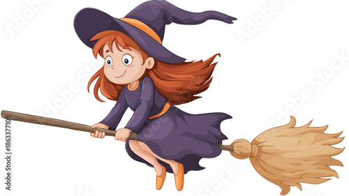 Flying Cartoon Witch Girl on Broom Vector with Outline