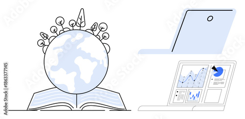 Learning, sustainability, global initiatives, education technology, data analysis, digital innovation. A globe with plants on an open book, a laptop and an analytics screen. Education