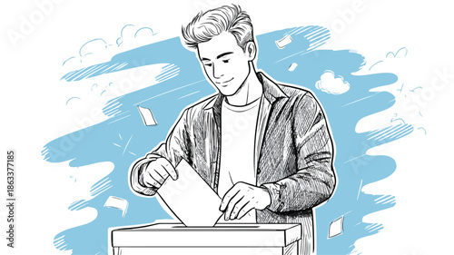 Young Man Voting Papers Ballot Box Vector Illustration