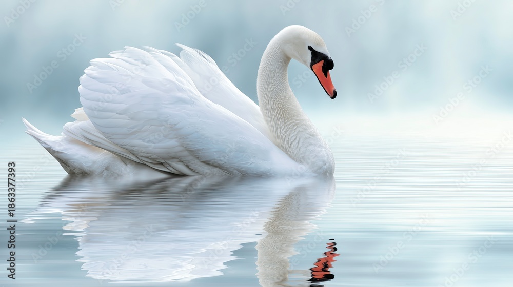 Fototapeta premium Elegant swan gliding on calm water with soft misty background 