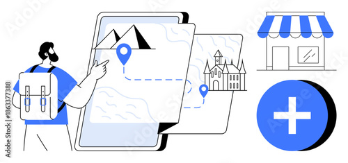 Digital navigation concept. A traveler uses a digital map to explore routes, landmarks, and destinations. Navigation aids travel planning, route optimization, and location-based discovery. For apps