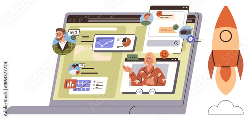 Remote teamwork, digital collaboration, virtual meetings, analytics, online education, project management. A laptop screen displays chats, graphs and video calls with a rocket nearby. Digital