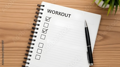 Workout checklist on notebook with pen, top-down productivity shot for fitness planning.