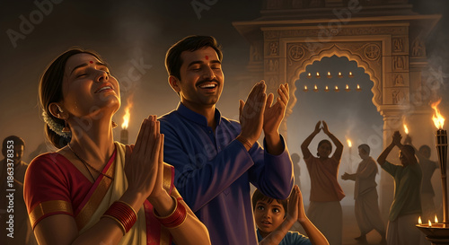 Devotees raising hands in evening aarti ceremony, glowing diyas illuminating temple archway