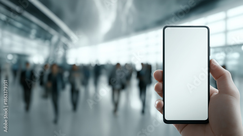 Wallpaper Mural A close-up of a hand holding a smartphone with a blank screen, set against a blurred backdrop of people in an urban environment. Torontodigital.ca