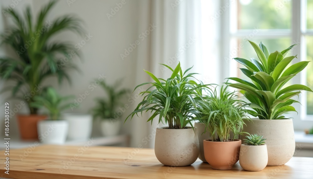 Obraz premium Various green houseplants sit in pots on a wooden table near a window. The room is bright and airy with natural light illuminating the potted flora collection.