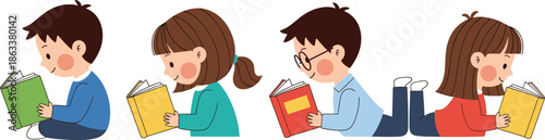 Diverse Group of Cute Children Reading Books Vector Illustration Set for Education, Literacy Programs, School Library Posters, and Early Childhood Learning Materials