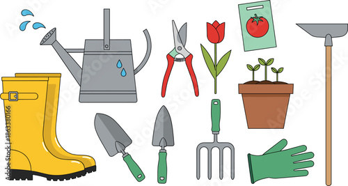 Flat Vector Icon Set of Gardening Tools with Yellow Boots, Watering Can, Hand Trowel, Pruning Shears, Seed Pack, and Potted Plants for Spring Planting