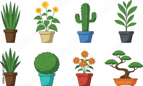 Flat Vector Icon Set of Potted Houseplants Featuring Bonsai Tree, Cactus, Flowering Plants, and Topiary Shrubs for Home Decor and Garden Center Marketing Designs