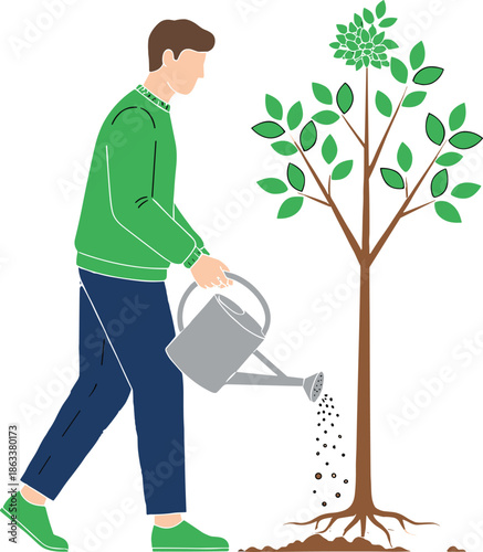 Flat Vector Illustration of a Man Watering a Young Sapling Tree with a Metal Watering Can for Environmental Conservation, Sustainability, and Garden Maintenance Designs