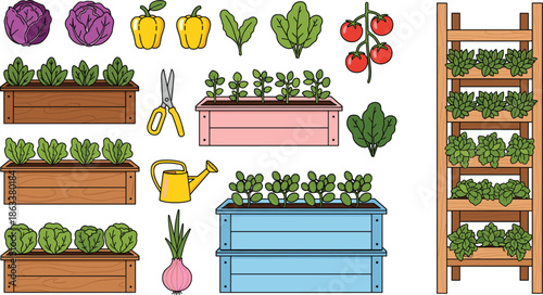 Flat Vector Illustration of Urban Gardening Elements with Raised Wooden Planter Boxes, Vertical Garden Rack, Potted Vegetables, and Balcony Farming Icons for Sustainable Living