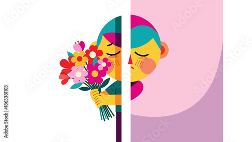 Illustration of a woman smelling flowers with a serene expression, showcasing a moment of joy and tranquility